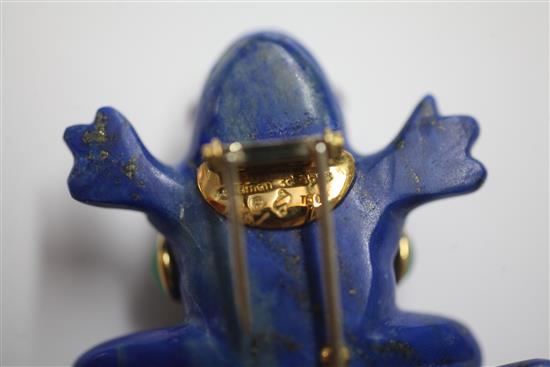 A Seaman Schepps 18ct gold mounted gem set lapis lazuli frog brooch, 1.75in.
